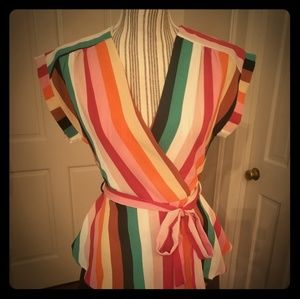 Darling, multi-color wrap inspired top with sash